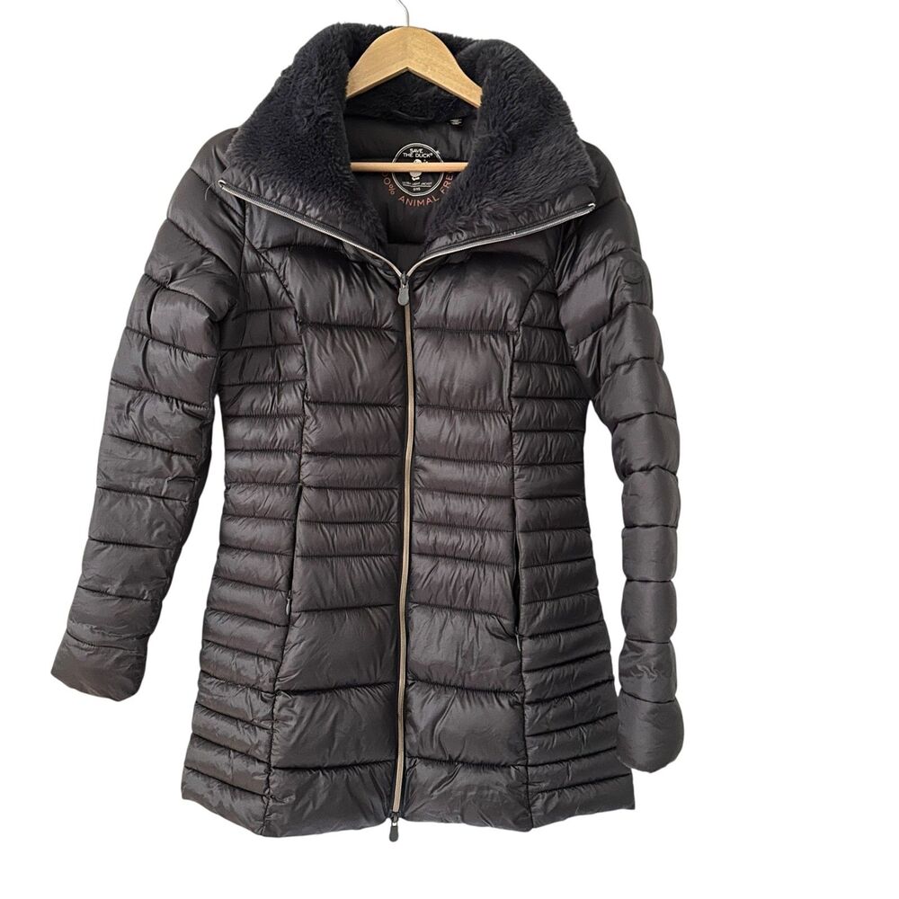 Save the Duck 100% Animal Free Dark Grey Full Zip Long Puffer‎ Jacket Size XS